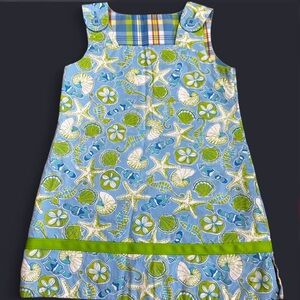 Hartstrings Blue Seashell & Plaid Reversible Sleeveless Dress Girls 5T Cotton
